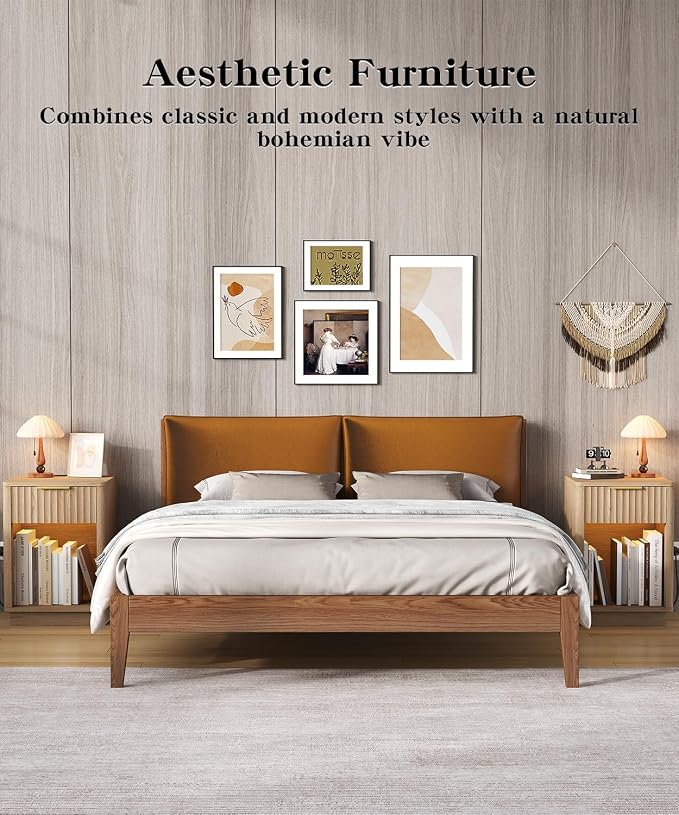 Akxomel Fluted Nightstands Set of 2, Wooden Night Stand with Charging Station and LED Light, Modern Mid Century Bed Side End Table with Drawer, 15" D x 15.7" W x 22.6" H, for Bedroom, Natural Oak - Image 6
