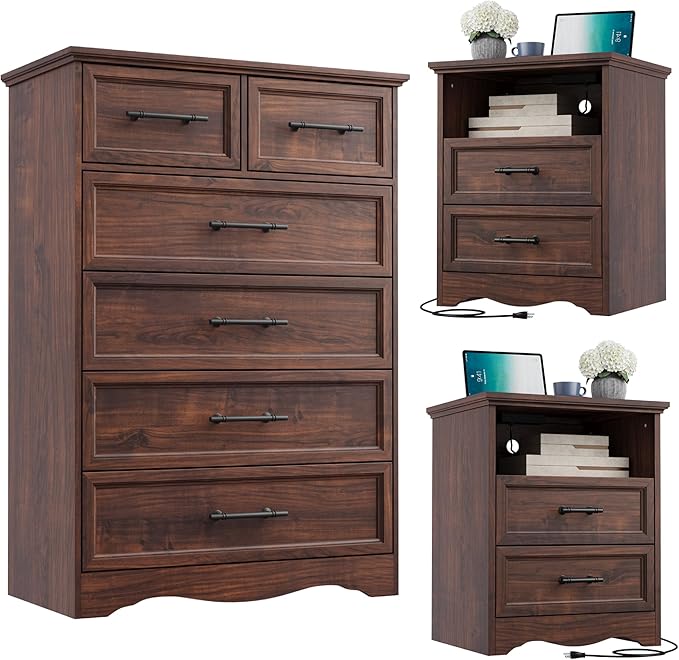 Bedroom Set, 3 Pieces Bedroom Furniture Set, Wood 6 Drawer Dresser and Nightstands with Charging Station, Farmhouse Storage Organizer Cabinet for Bedroom, Walnut