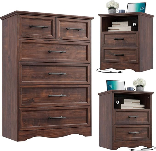 Bedroom Set, 3 Pieces Bedroom Furniture Set, Wood 6 Drawer Dresser and Nightstands with Charging Station, Farmhouse Storage Organizer Cabinet for Bedroom, Walnut