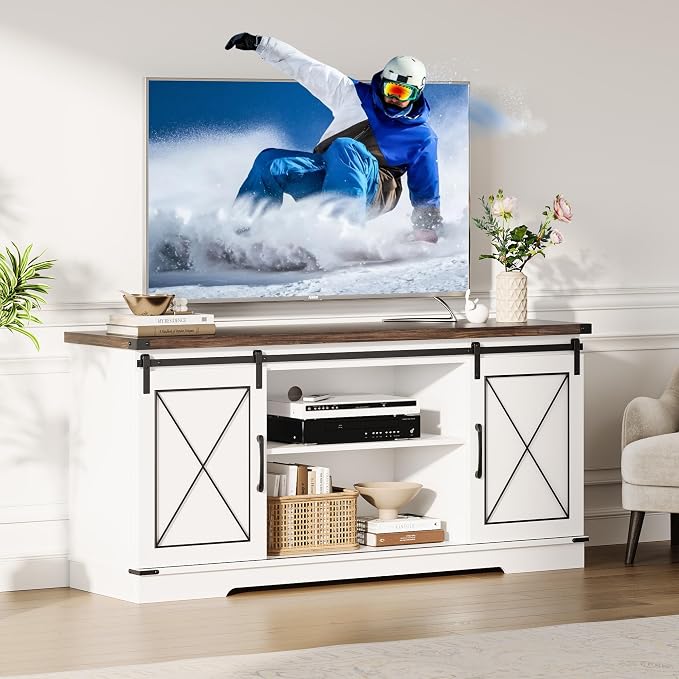 IDEALHOUSE Farmhouse TV Stand and Entertainment Center for Tv up to 65 inches with Sliding Barn Doors, Tv Media Console Table with Storage Cabinet for Living Room, White & Brown - Image 9