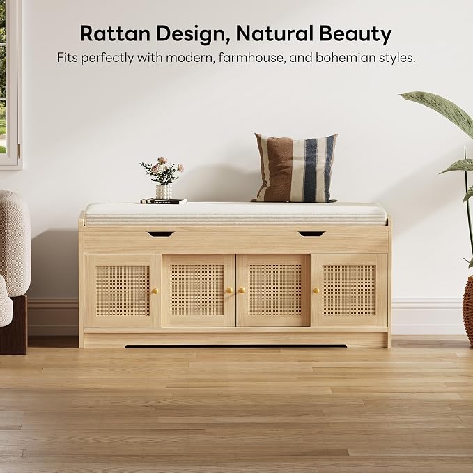 LIKIMIO 47.2" Shoe Bench with Lift Top Storage, Entryway Bench with Cushioned Seat, 2-Tier Rattan Shoe Cabinet with Adjustable Shelf, Storage Bench for Bedroom, Living Room, Hallway, Natural - Image 7