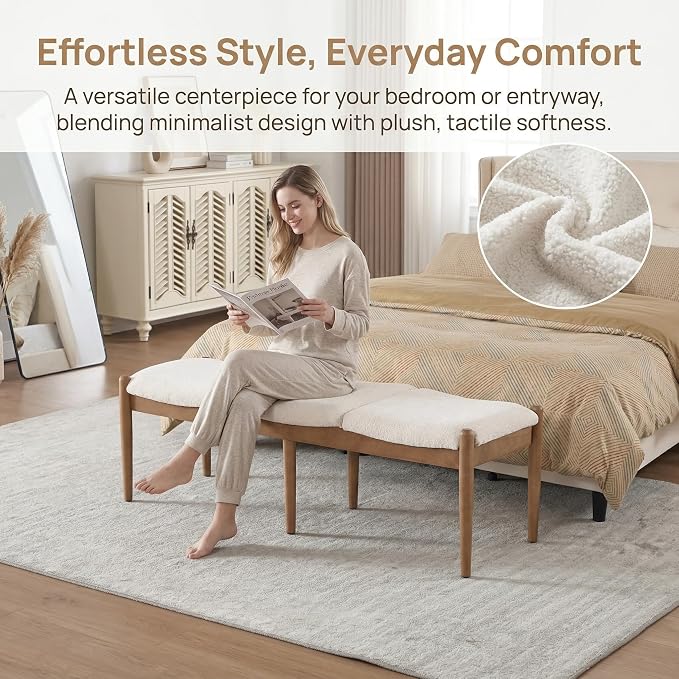 DUOMAY 55'' Modern Ottoman Bench, Chenille Upholstered Entryway Bench Bedroom Bench with Wood Legs, End of Bed Bench for Bedroom, Living Room, Corners, Kitchen, Beige - Image 6