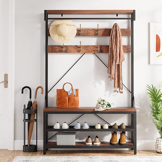 IDEALHOUSE Coat Rack Shoe Bench Industrial Hall Tree Storage Bench for Entryway Wood Look Accent Large Shoe Rack with Storage Shelf Hanging Bar,8 Hooks Grey 39.9"x15.7"x72" - Image 2