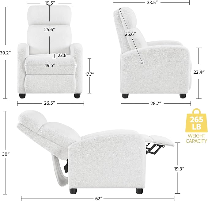 Topeakmart Boucle Recliner Sofa Push Back Recliner Chair Adjustable Modern Single Reclining Chair Upholstered Sofa with Pocket Spring Living Room Bedroom Home Theater White