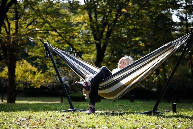 Vivere Double Cotton Hammock with Space Saving Steel Stand, Upgraded Polyester End Strings 450 lb Capacity - Premium Carry Bag Included (Desert Moon) - Image 5