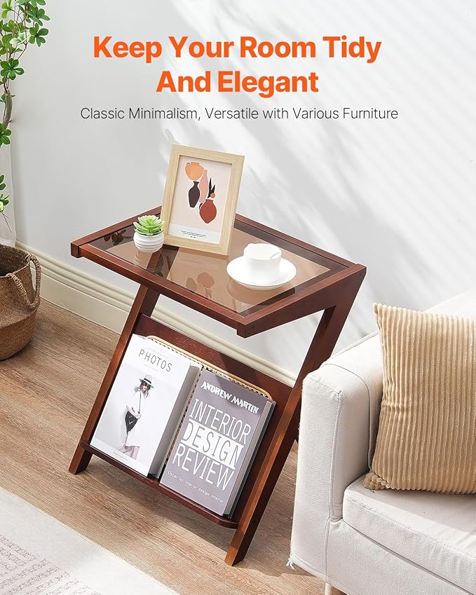 VEVOR Rattan Coffee Table, Z-Shaped Rattan Woven Bamboo Coffee Table with Tempered Glass Top, 20” Modern Boho Storage Table with Natural Bamboo Legs, for Living Room, Bedroom & Small Spaces