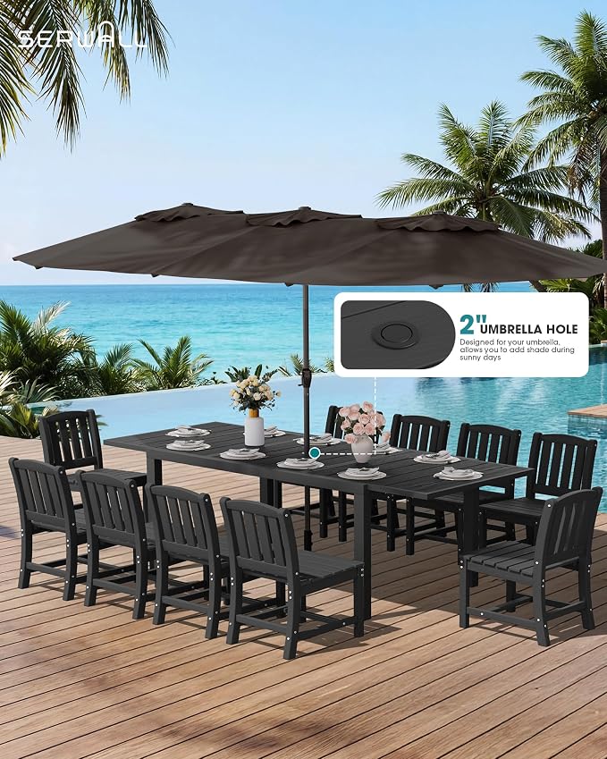 SERWALL 9-Piece Outdoor Dining Set, 60" - 83" Expandable Outdoor Dining Table and 8 HDPE Chairs, All Weather HDPE Outdoor Furniture Set for Backyard, Garden, Black - Image 2