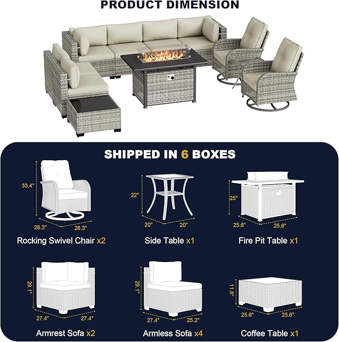 11-Piece Outdoor Patio Furniture Set with Rocking Swivel Chair, Wicker Rattan Sectional Sofa Conversation Set with 55,000 BTU Fire Pit Table, Backyard Furniture, White