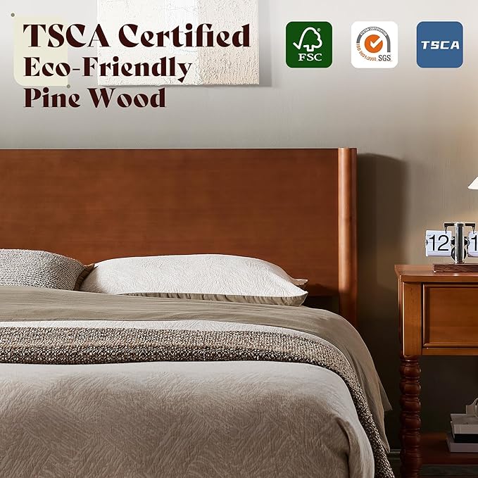 AMERLIFE 3 Piece Bedroom Set Includes Solid Wood Queen Platform Bed Frame with Headboard and 2 Nightstands with Spindle-Turned Legs, Mid Century Modern Bedroom Furniture, Brown Walnut