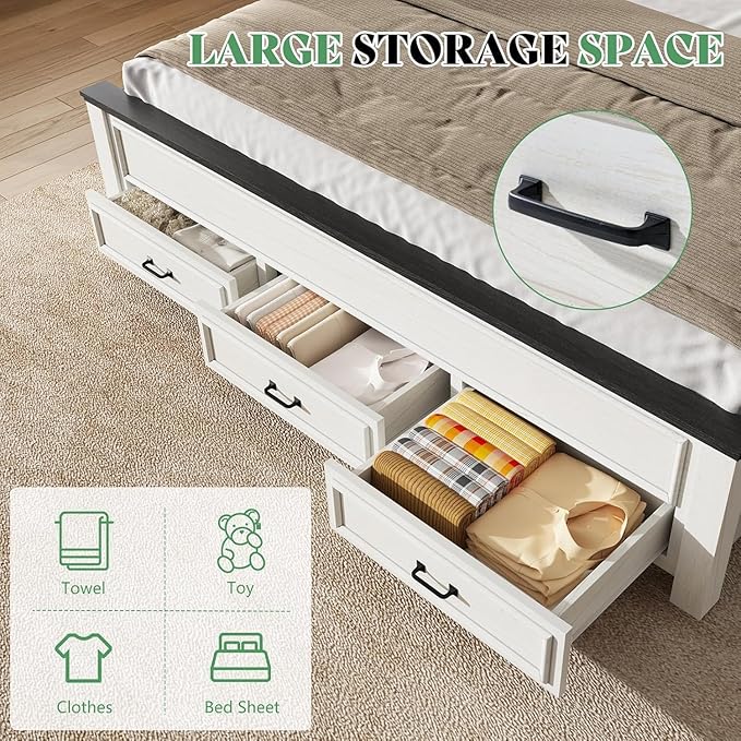 AMERLIFE 5 Pieces Farmhouse Bedroom Sets Includes King Size Farmhouse Bed Frame with 52.2" Headboard, 7 Drawers Dresser, 6 Drawer Tall Dresser, Two Nightstands with Charging Station, White