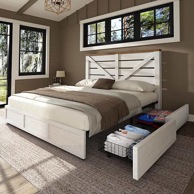 AMERLIFE 5 Piece Bedroom Set, Including Farmhouse King Size Bed Frame with 4 Drawers, 7 Drawer Dresser & 6 Chest of Drawers, 2 Nightstands with Charging Station for Bedroom, White