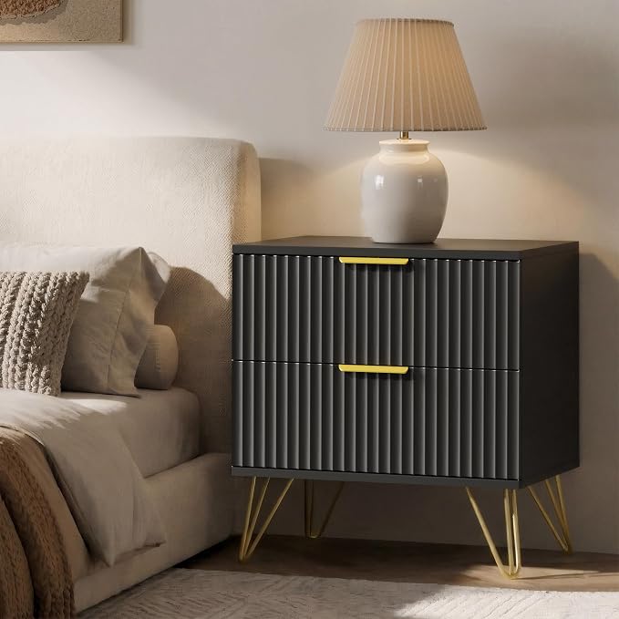 Black Fluted Nightstand Set of 2, Modern Bedside Table with 2 Drawers and Gold Legs, 19.7’’ Night Stand Wood End Table for Bedroom - Image 8