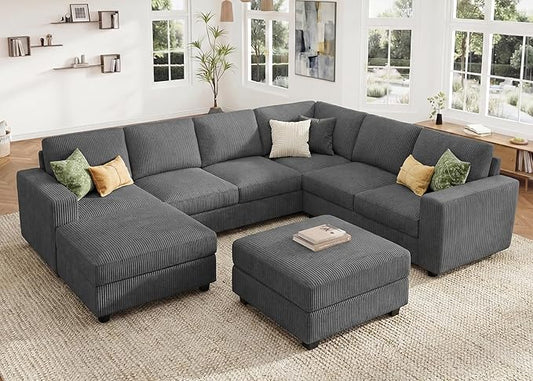 HONBAY Corduroy Sectional Couch with Storage, U Shaped Sectional Sofa, 8 Seater Sectional Couches for Living Room, Dark Gray