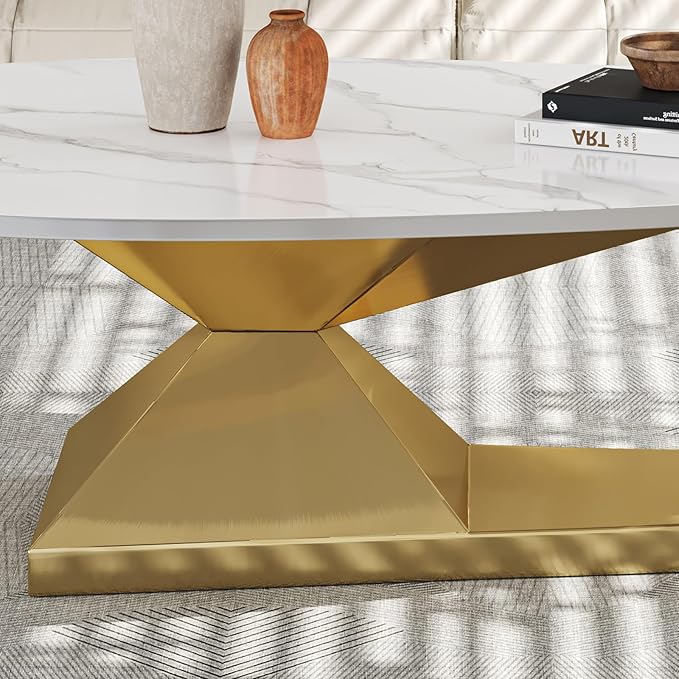 Glintee 51.2" Oval Coffee Table with Marble Top, Gold Stainless Steel Base, Scratch & Heat Resistant, Modern Living Room Centerpiece.