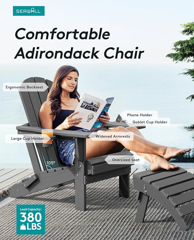 SERWALL Foldable Adirondack Chair Set of 6, HDPE Adirondack Chair with Wood-Texture-Gray - Image 3