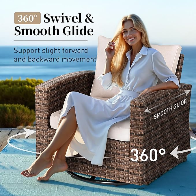 Swivel Glider Patio Furniture Set Outdoor Furniture Brown Wicker Rattan Patio Conversation Sets with Cushion Outside Sofa Set,7 Pieces,9 Seats,Beige