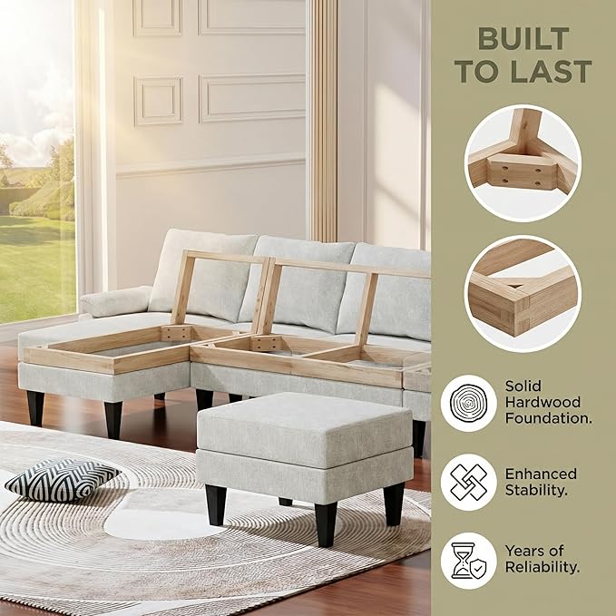 4-Seat U-Shaped Modular Sofa with Double Storage Ottoman - Space-Saving Convertible Lounge Couch for Home & Office, White