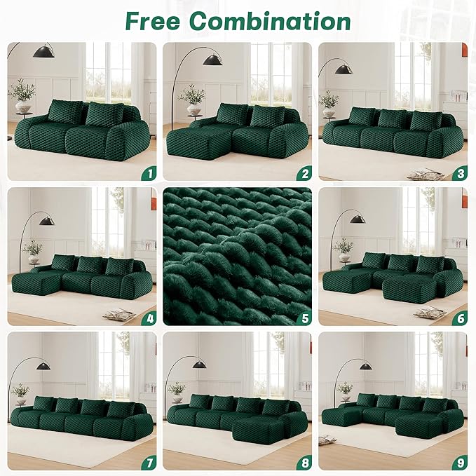 146" U-Shaped Compressed Sectional Cloud Sofa, Flannel Upholstered Modular Deep Seat Sofa with 6 Pieces, Symmetrical Boneless Foam Modular Cloud Couches for Living Room