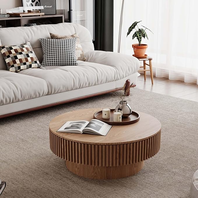 Round Coffee Table with Storage, Modern Wooden Coffee Table with Solid Wood Veneered, Circle Center Table Accent Tea Table for Living Room Apartment Small Space (31.5''L × 31.5''W × 14''H, Natural)