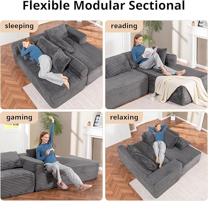 LUCKLIFE Modular Sectional Couch with L-Shape Chaise,Corduroy Upholstery Boneless Couches for Living Room,Oversized Sleeper Sofa,No Assembly Required (Grey, L Shape with Right Facing Chaise)