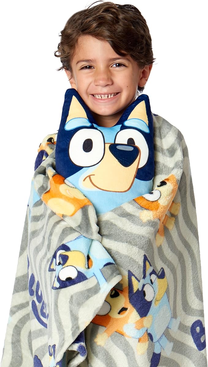 Bluey Throw & Plush Hugger Set, 50"x60" Silk Touch Blanket with 3D Character Pillow – Soft, Cozy Blanket for Kids and Toddlers