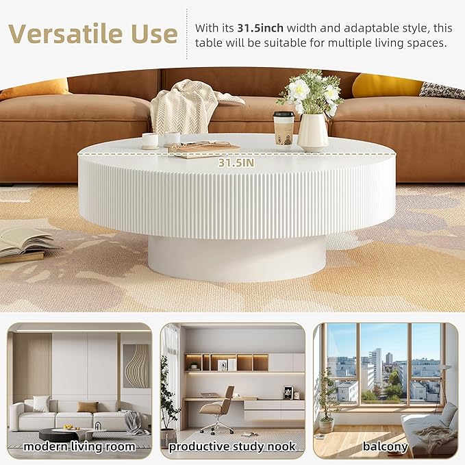 Merax Modern Round Coffee Table with Sturdy Base, Wood Sofa Center Tables for Living Room, Reception Room, Easy Assemble, White