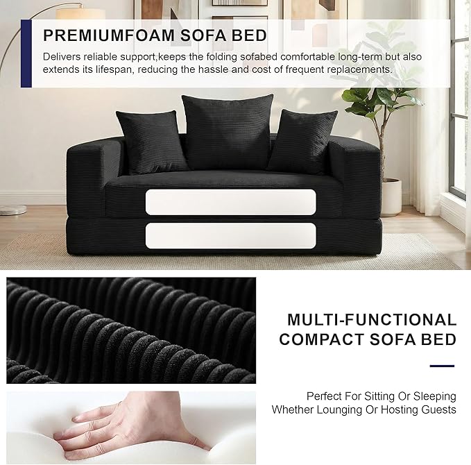 Casaphoria Modern Futon Sofa Bed,67 Inch Wide Folding Couch with Wide Armrests and Pillows,Convertible Lounger for Apartment,Guest Room,Daybed(Black)