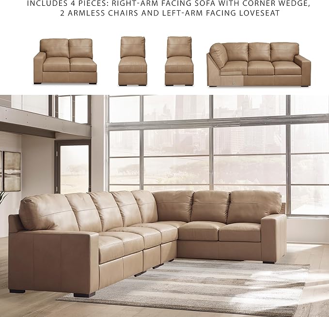 Signature Design by Ashley Bandon Modern Leather Match Right-Arm Facing 4-Piece Sectional with Removable Cushions and Armrest, Light Brown