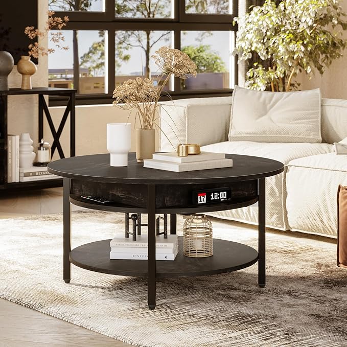 FABATO Round Lift Top Coffee Table with Storage and Hidden Compartment, 26.77'' Farmhouse Coffee Table for Living Room Reception Room, 2 Tier Small Round Coffee Table Circle Dining Table, Black Oak | Lift Top, with Storage, Hidden Compartment, Farmhous...