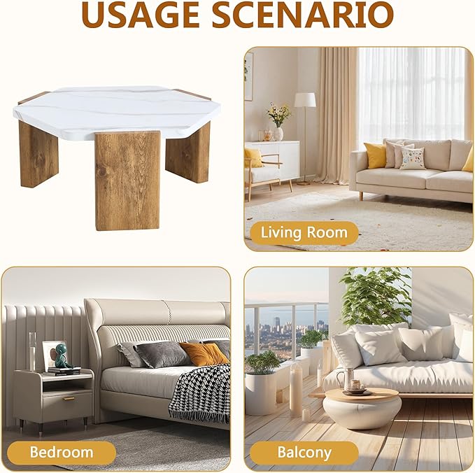 31 inch Modern Coffee Table Small Hexagon Marble Top and Wood Legs, Compact Living Room Coffee Table 250lbs Capacity, Quick Assembly Nordic Style