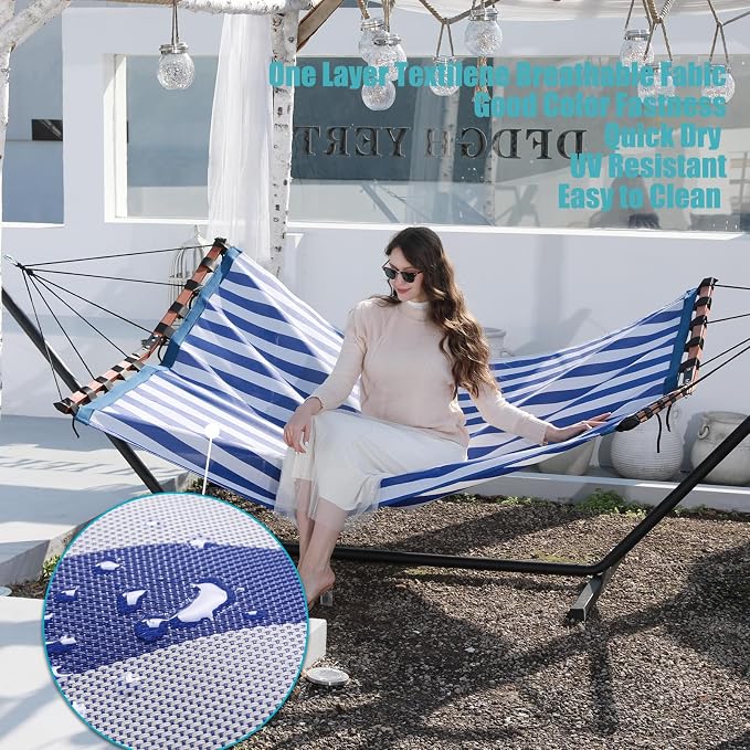 TegerDeger 12FT 2 Person Hammock Large Hammock Quick Dry 450LB Capacity with V Shaped Hardwood Spreader Bar & Nylon Rope for Outside, Patio, Garden, Backyard, Beach, Poolside - Blue Stripes - Image 4