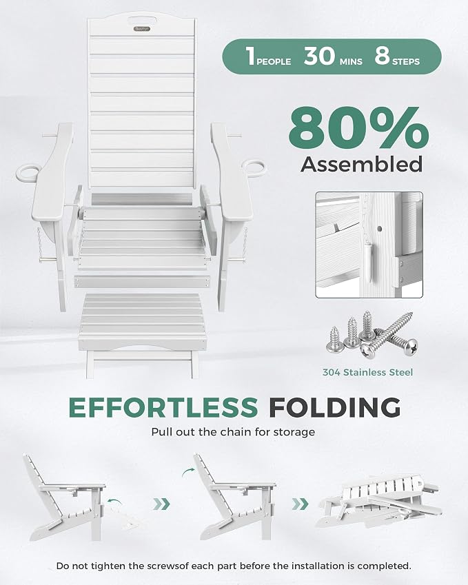 Folding Adirondack Chair with Retractable Ottoman, Weather Resistant Fire Pit Chair Patio Chair with 2 Cup Holder Lawn Outdoor Lounge Chair (White) - Image 8
