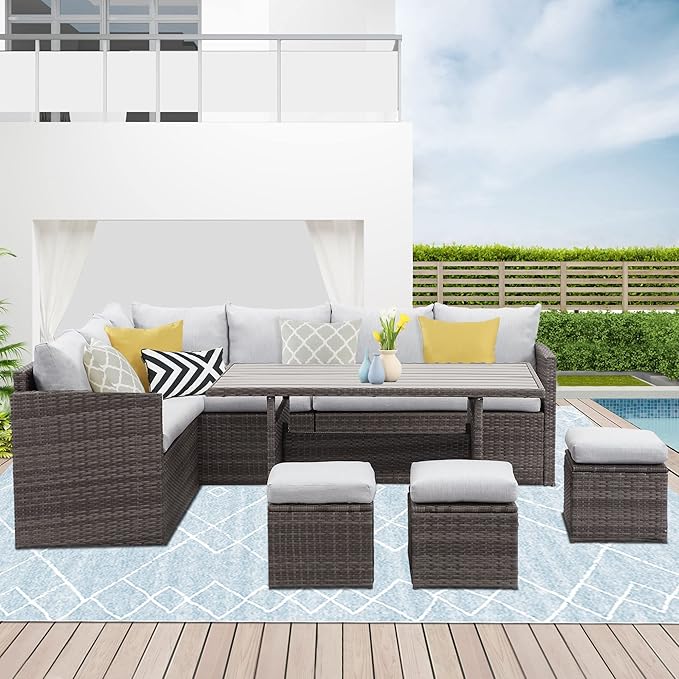 Wisteria Lane Patio Furniture Set - 7 Piece Wicker Rattan Outdoor Dining Set with Table, Chairs, Ottomans, Sectional, Grey
