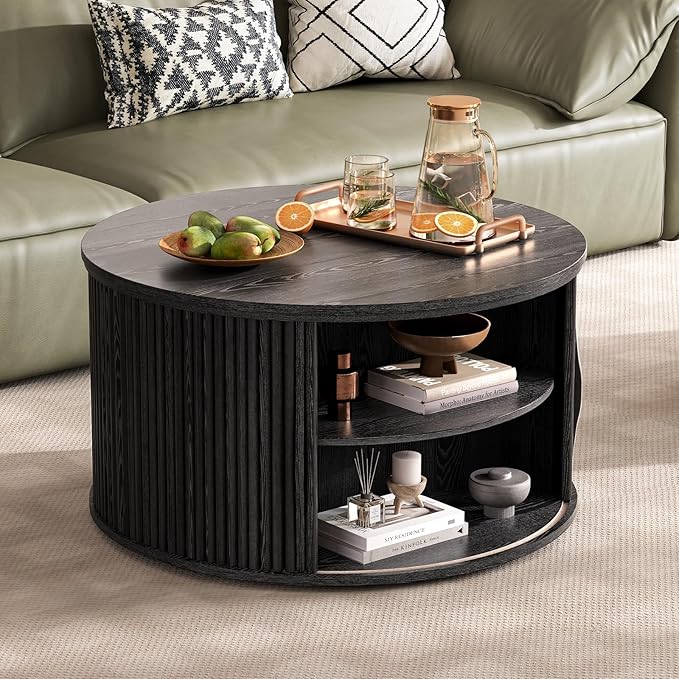 Round Lift Top Coffee Table, 31.5” Mid Century Modern Center Table with Hidden Storage, Fluted Circle Coffee Tables for Living Room, Home Office, Black