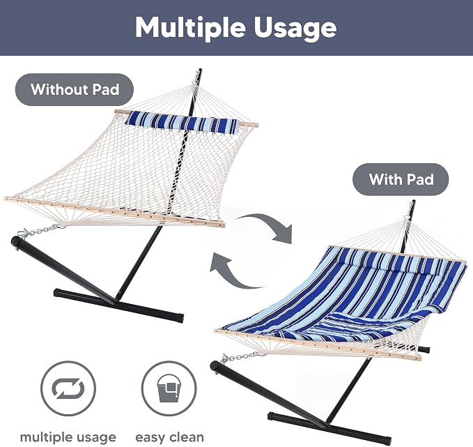 SUNCREAT Double Hammock with Stand, Two Person Cotton Rope Hammock, Blue Stripe - Image 3