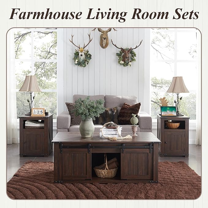 48" Lift Top Coffee Table, Farmhouse Cocktai with Sliding Groove Barn Door, Rustic Wood Center Table w/Double Storage Spaces for Living Room, Brown