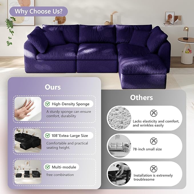 108" Modular Sectional Sofa Boneless Cloud Couch for Living Room, L Shape Deep Seat Recliner Sofa with Ottoman, Adjustable Backrest & 2 Throw Pillows - Covers Washable, (Purple, 3 Seater+1 Ottoman)