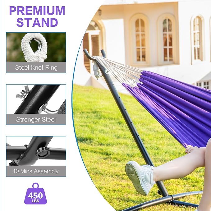PNAEUT Double Hammocks with Stand for Outside, Portable Space Saving Heavy-Duty Steel Stand for Indoor Outdoor Patio with Carrying Bag, 450 lbs Capacity (Purple) - Image 7