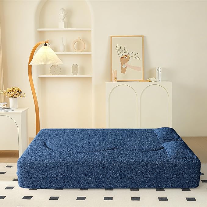 78" Convertible Sofa Bed, 2-in-1 Folding Floor Couch with 2 Pillows, Sleeper Sofa for Living Room and Bedroom, No Assembly Required (Blue, Teddy Fabric)