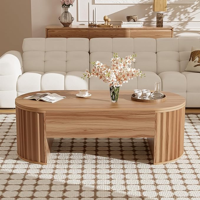 Oval Coffee Table with Lifting Top for Living Room Lift Up Coffee Table with Storage Modern Smart Coffee Tables with Adjustable Lift Table Top Fluted Wooden Center Tables Light Brown 47.2"