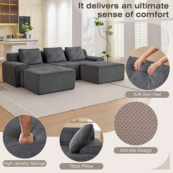 Modular Sectional Sofa, 6 Seat Modular Couch, Modular Sofa with Deep Seat and Detachable Pillow (Grey, 5 Pieces-U Shape)