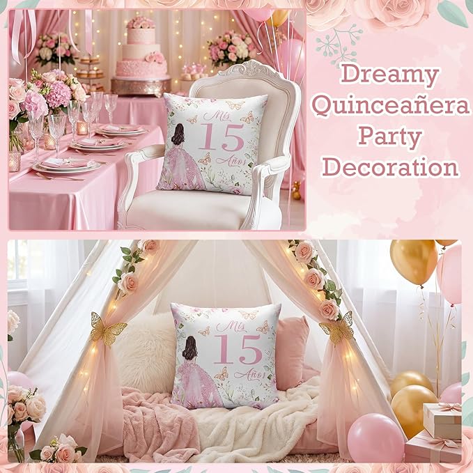 Kathfly Cojines para 15 Años De Quinceañera Decoration 16 x 16 Inche Pink Quinceañera Pillow Gifts Mis Xv Años Throw Pillow Sweet for Daughter Sister Friend 15th Birthday Gifts