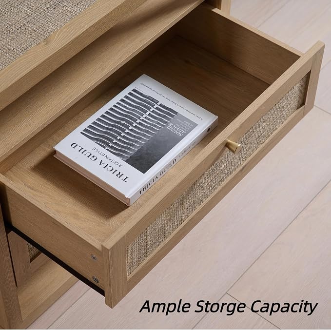 VividVibe Natural Oak Night Stand Set 2, Nightstand with Drawers and Storage Shelf - Rattan Boho Bedside Tables Large Nightstands Wooden Bed Side Table, Modern Farmhouse Accent Rustic End Table - Image 7