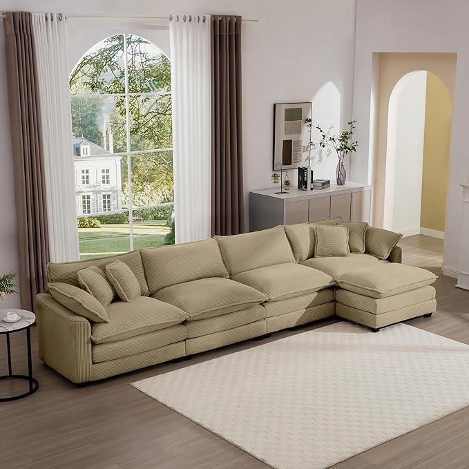 KEIKI 150" L-Shaped Oversized Corduroy Modular Sectional Sofa with 1 Ottoman, High-Density Foam Cushions, Removable Armrests, Upholstered 4-Seater Corner Couch with 6 Pillow, for Living Room, Tan