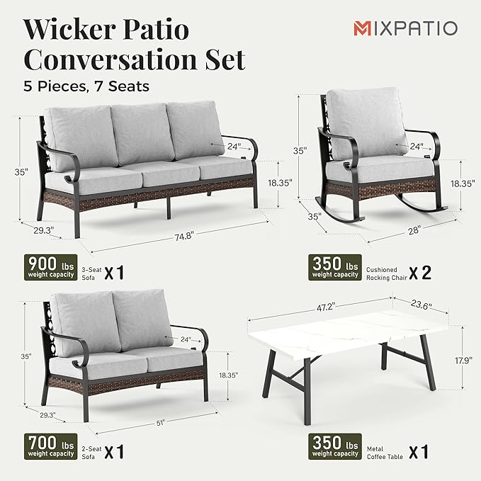 Patio Furniture Set with Coffee Table, Outdoor Conversation Set with 2 x Rocking Chairs, 1 x 2-Seat Sofa, 1 x 3-Seat Sofa for Lawn Garden Backyard, Light Grey