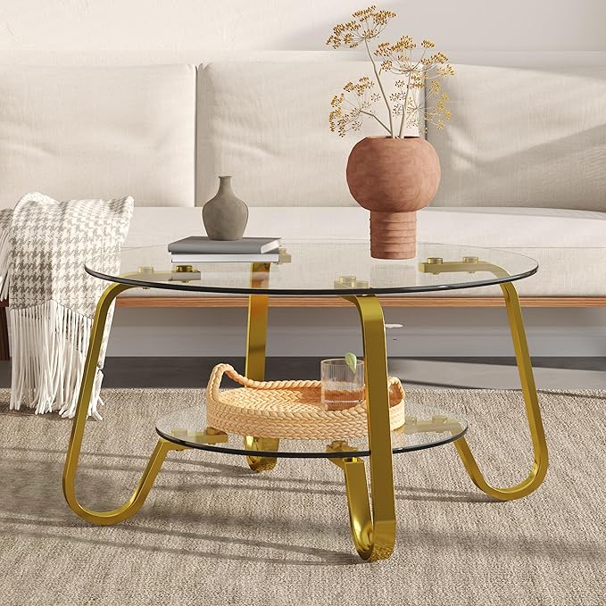 Glass Round Coffee Table for Living Room, 31.5 Inch Tempered Glass Top & Sturdy Metal Frame with Storage Shelf, Modern Small Center Table with 200lb Capacity, Quick & Easy Assembly