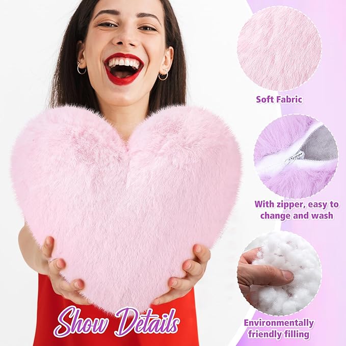 Liliful 6 Pcs Faux Rabbit Fur Heart Pillows Fluffy Heart Throw Pillows Cute Couch Cushion Soft Decorative Throw Cushion for Bed Sofa Girls Women(12 x 11 Inch,Stylish Color)