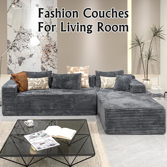 Grey sectional couches for Living Room-Corduroy Couch，104" Cloud Sectional Couch with L-Shape Chaise， Modern Modular Sofa, Deep Seat Comfort, No Assembly Required(Plush Corduroy Fabric)