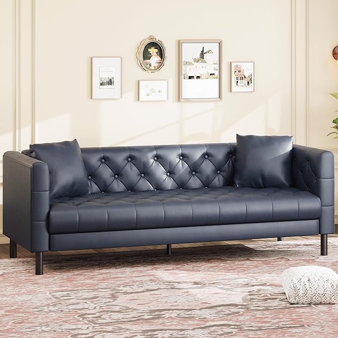 GarveeHome 81 in Leather Couch for Living Room, Modern Sofa Couch with Deep Seat and 2 Pillows, Handmade Button Tufted 3 Seater Sofa, Leather Sofa for Apartment, Office, Blue