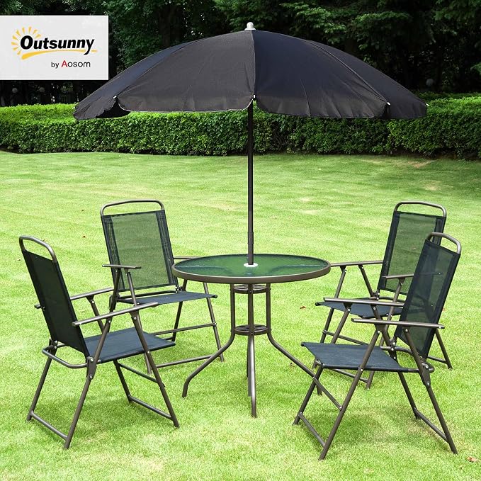 Outsunny 6 Piece Patio Dining Set for 4 with Umbrella, Outdoor Table and Chairs with 4 Folding Dining Chairs & Round Glass Table for Garden, Backyard and Poolside, Black and Coffee - Image 2